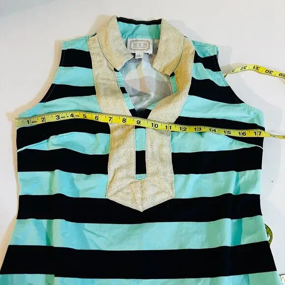 Sail To Sble Striped High Bishop Neck Dress Size S Small Teal Gold - Picture 6 of 9